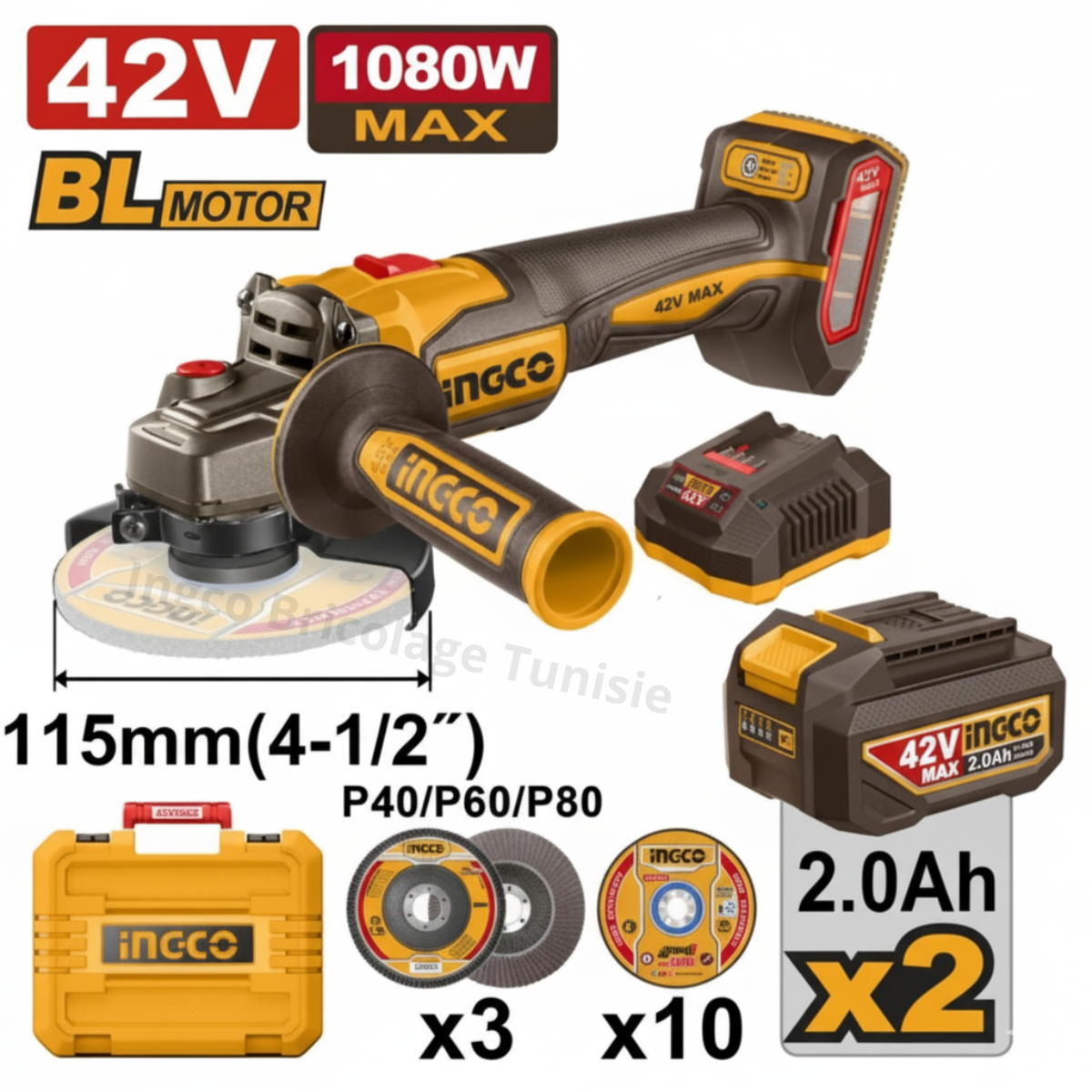 Meuleuse Sans Fil INGCO 42V Brushless 115 mm – 2 Batteries 2.0Ah CAGLI4108112