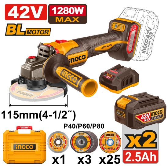 Meuleuse Sans Fil INGCO 42V Brushless 115 mm – 2 Batteries 2.5Ah CAGLI4128112