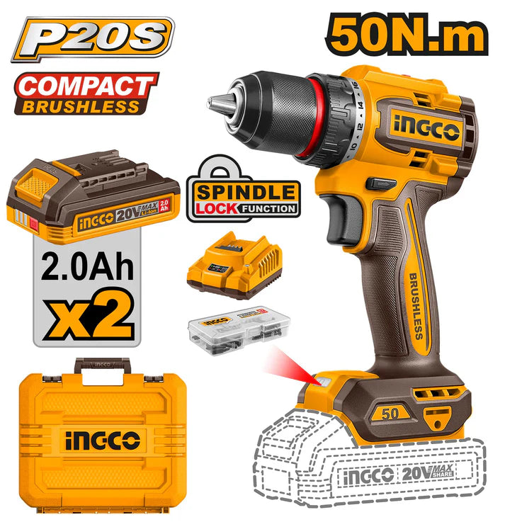 Perceuse-Visseuse Sans Fil INGCO 20V Brushless 50 Nm CDLI205062