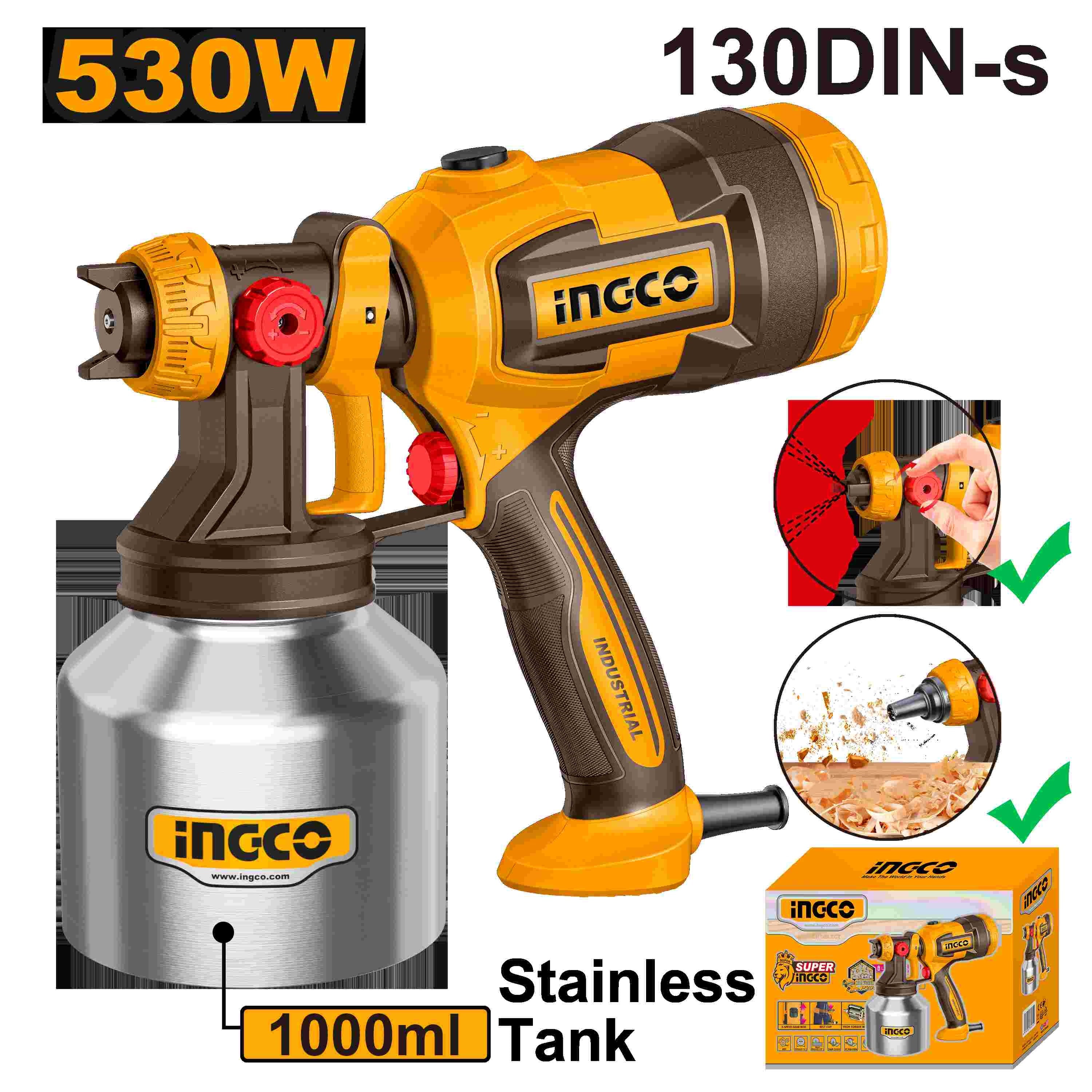 Pistolet à Peinture Électrique INGCO 530W – Réservoir Inox 1000 ml SPG45061