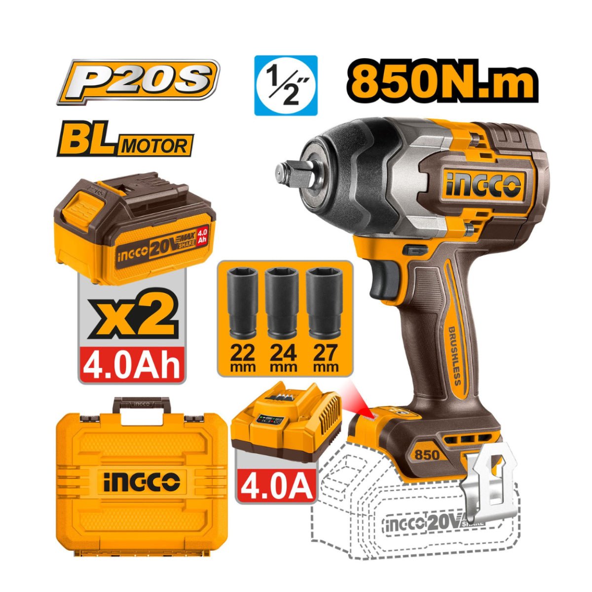 Clé à chocs brushless 20 V 850 N·m INGCO – CIWLI2085 | Puissance extrême et contrôle professionnel - INGCO TUNISIE ® | Site officiel