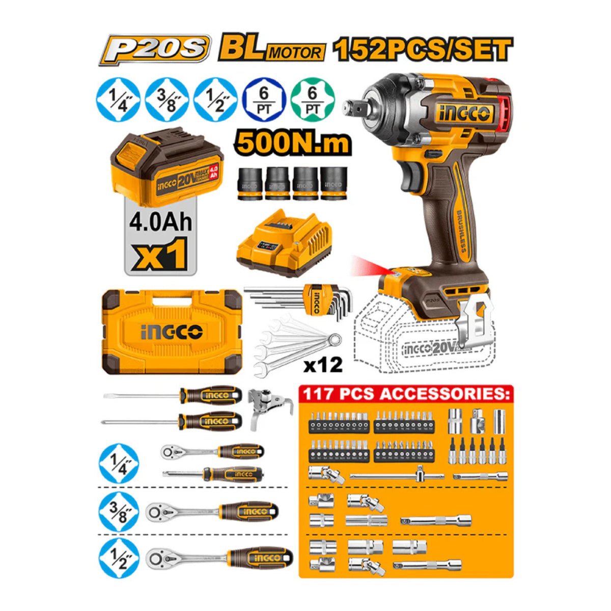 Clé à chocs INGCO 20 V 500 Nm + Kit d’outils 152 pièces – HKTHP31521 | Puissance professionnelle et équipement comple - INGCO TUNISIE ® | Site officiel