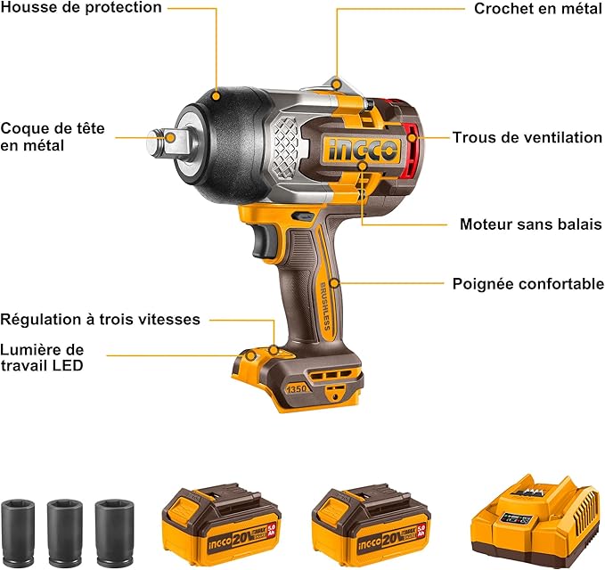 Clé à chocs sans fil 20 V 1350 Nm INGCO – CIWLI20135 | Puissance extrême pour travaux lourds - INGCO TUNISIE ® | Site officiel