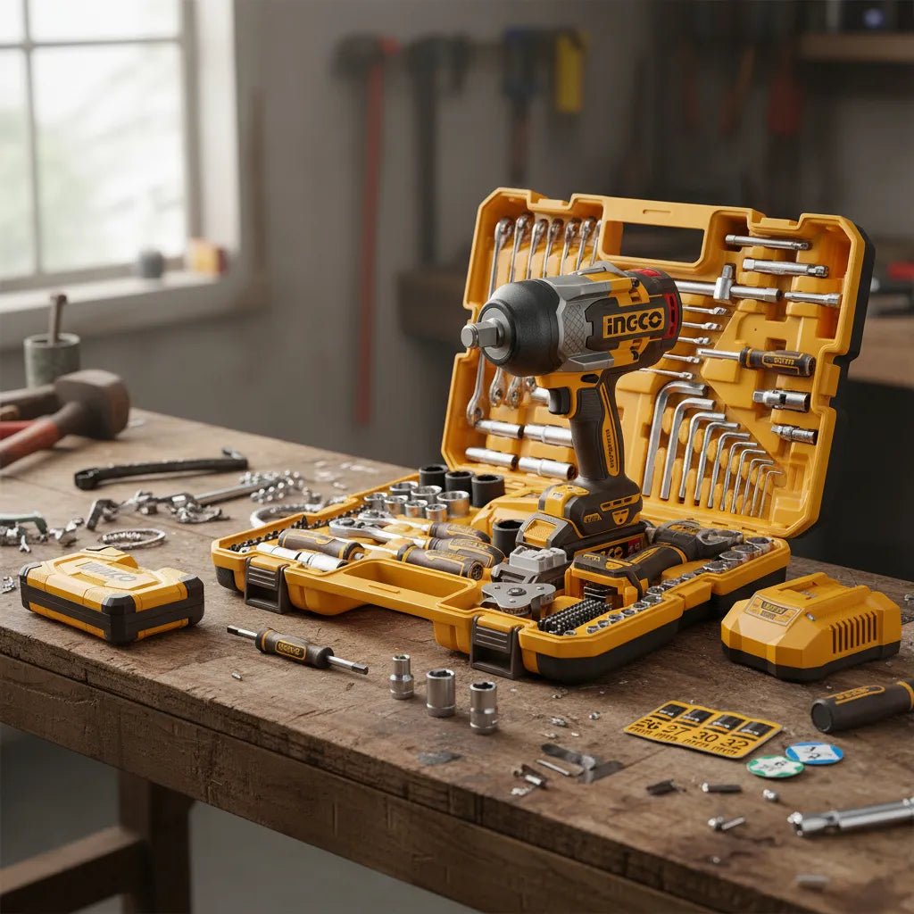 Clé à chocs sans fil INGCO 20 V 3/4″ (19 mm) + Jeu de 126 outils – HKTHP31261 | Puissance professionnelle et équipement complet - INGCO TUNISIE ® | Site officiel
