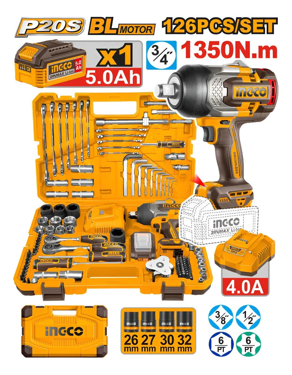 Clé à chocs sans fil INGCO 20 V 3/4″ (19 mm) + Jeu de 126 outils – HKTHP31261 | Puissance professionnelle et équipement complet - INGCO TUNISIE ® | Site officiel