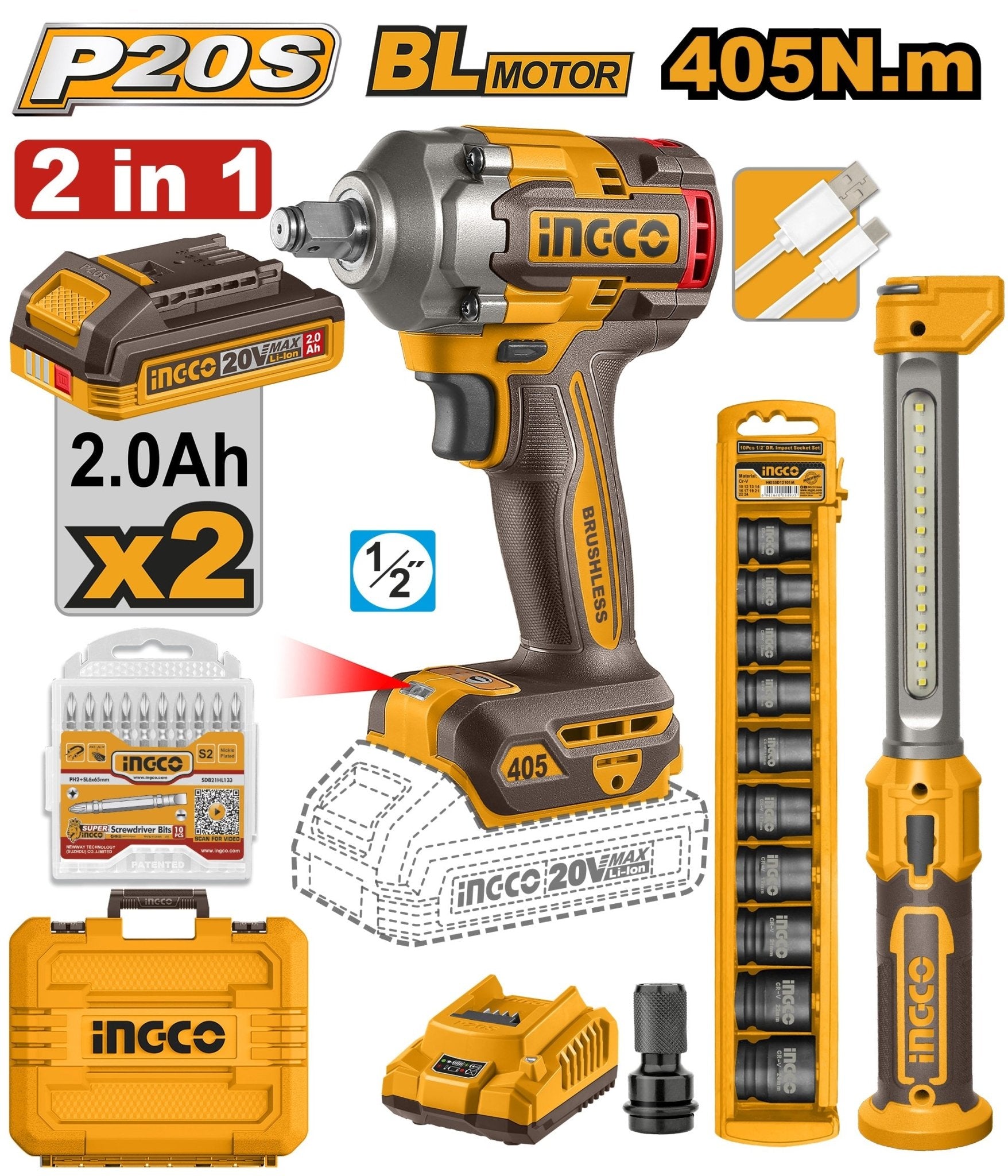 Clé à Chocs Sans Fil INGCO 20V Brushless 405 Nm – 2 Batteries 2.0Ah COSLI23056 - INGCO SME TUNISIE