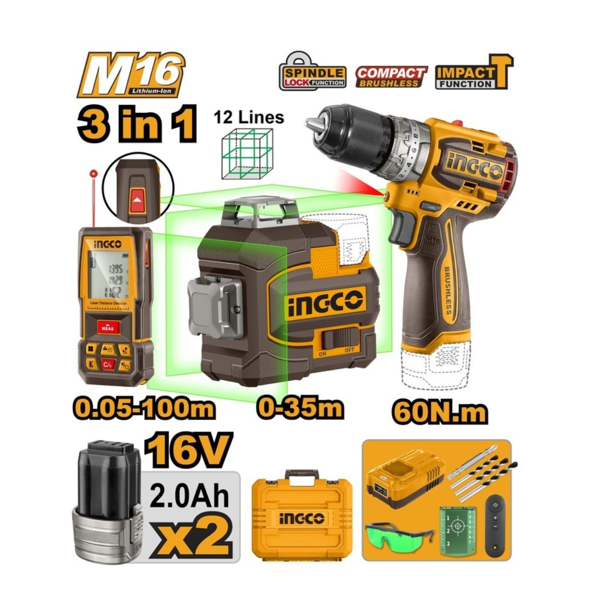 Combo Kit 3 - en - 1 INGCO 16 V avec 2 batteries 2.0 Ah – COSLI250101 | Polyvalence et autonomie pour tous vos travaux - INGCO TUNISIE ® | Site officiel