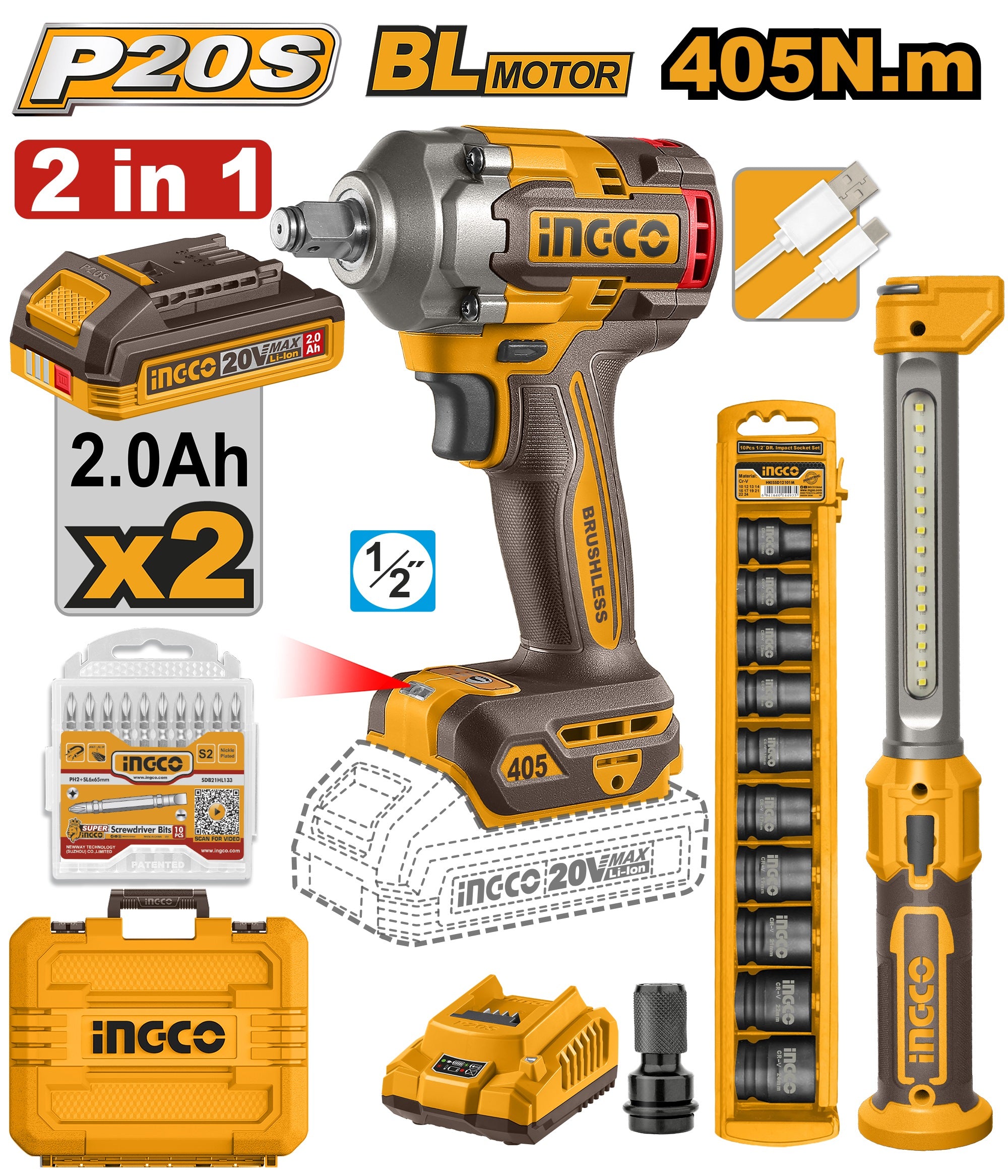Clé à Chocs Sans Fil INGCO 20V Brushless 405 Nm – 2 Batteries 2.0Ah COSLI23056