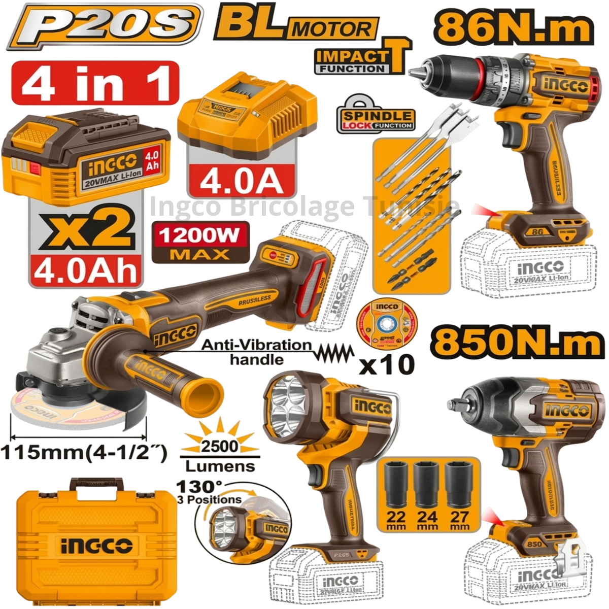 Kit Combo INGCO 20V Brushless 4 en 1 – 2 Batteries 4.0Ah COSLI251192