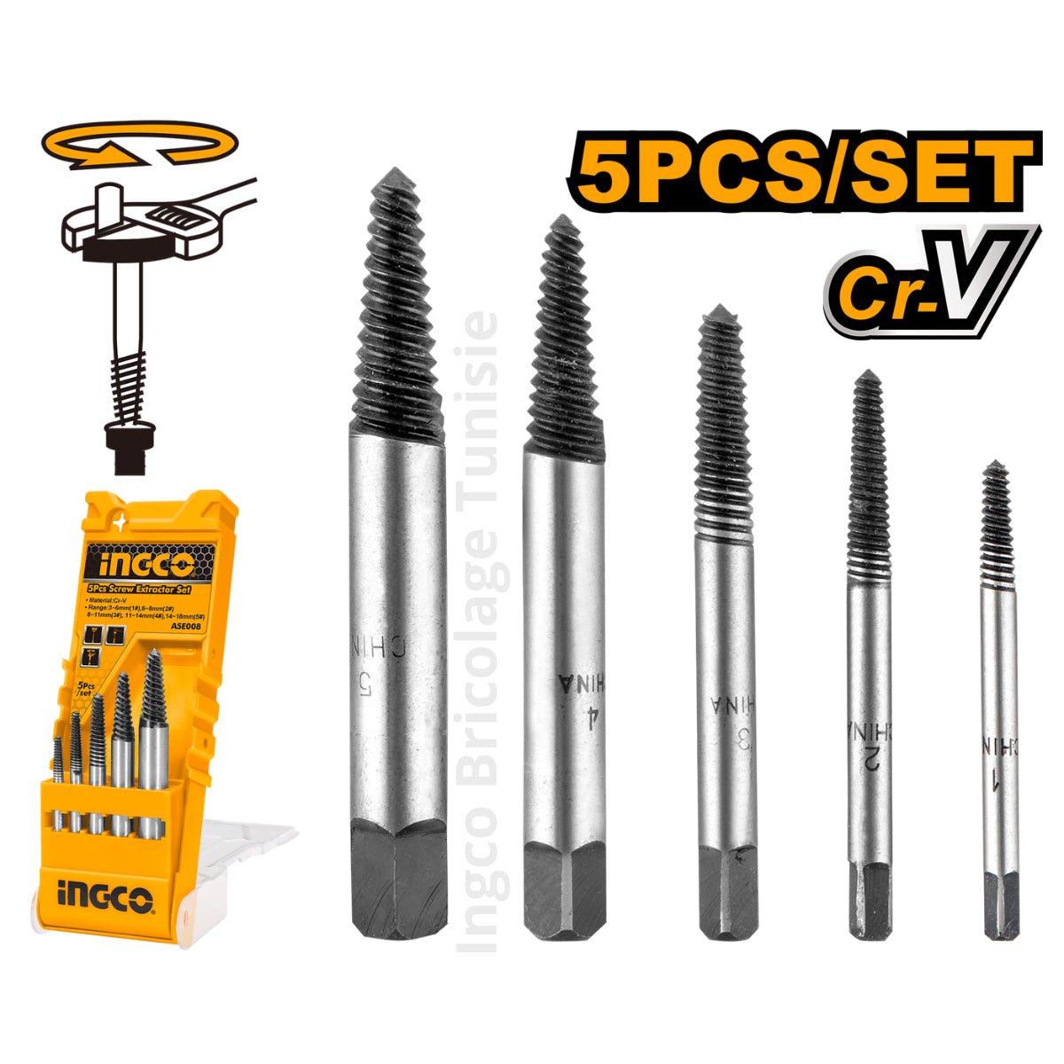 Extracteurs De Vis Ingco ASE008 5 Pièces Pour Artisans - INGCO TUNISIE ® | Site officiel