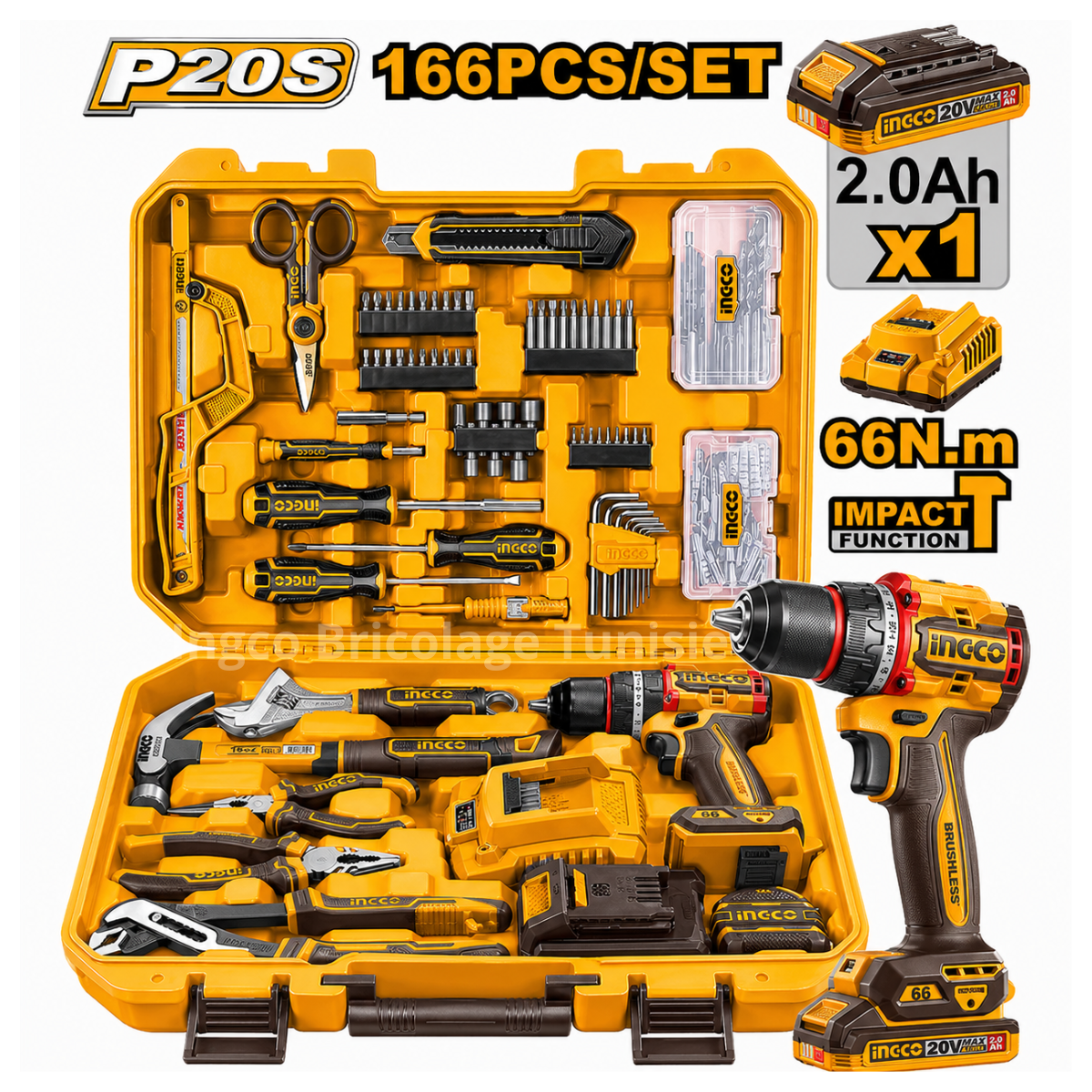 Kit INGCO P20S 166 pcs + Perceuse Brushless 20V HKTHP41662