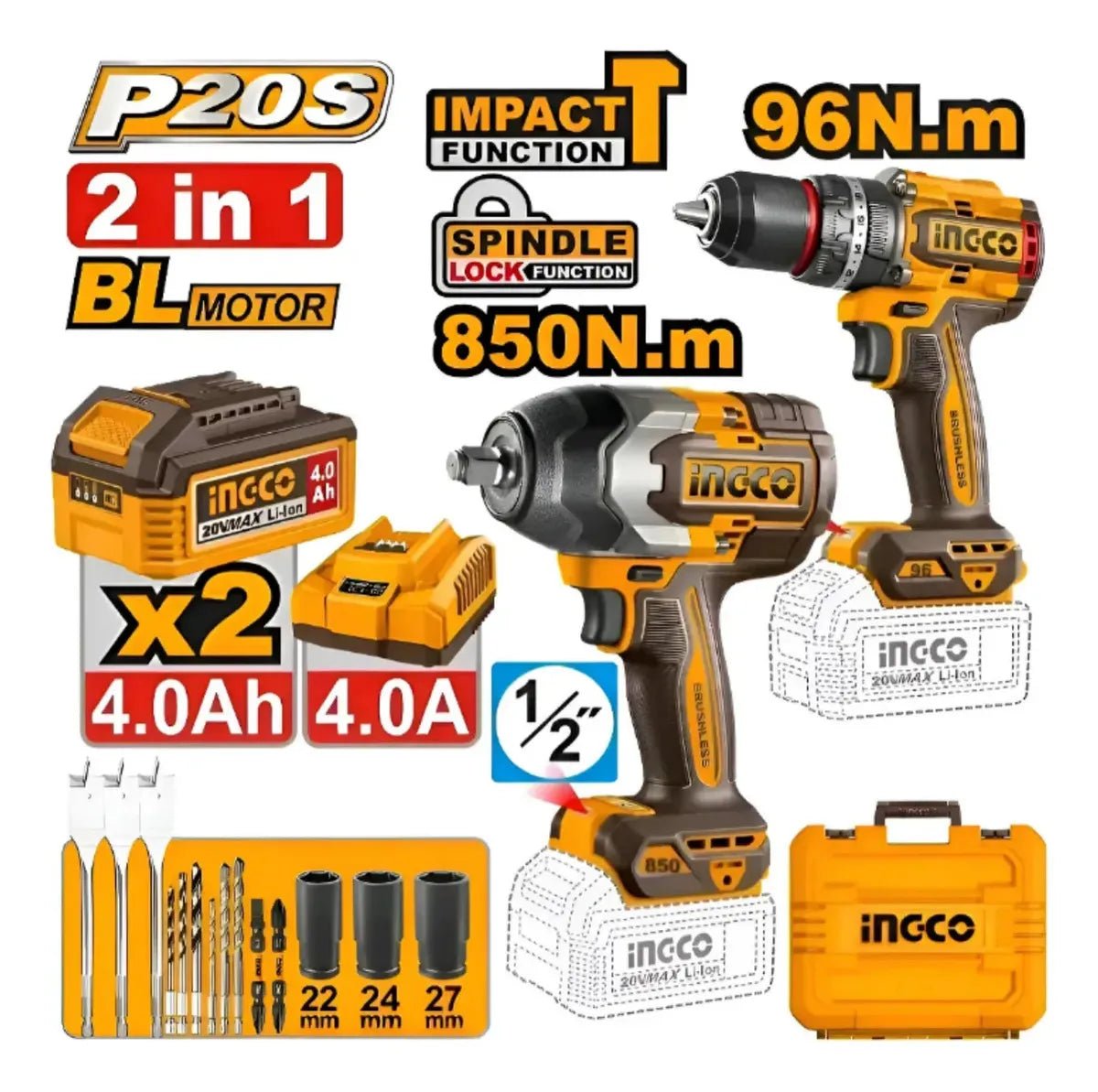 INGCO Kit combiné 2 pièces – Clé à chocs 850 Nm 1/2″ + Visseuse à percussion 96 Nm – COSLI250586 | Puissance extrême et polyvalence - INGCO TUNISIE ® | Site officiel