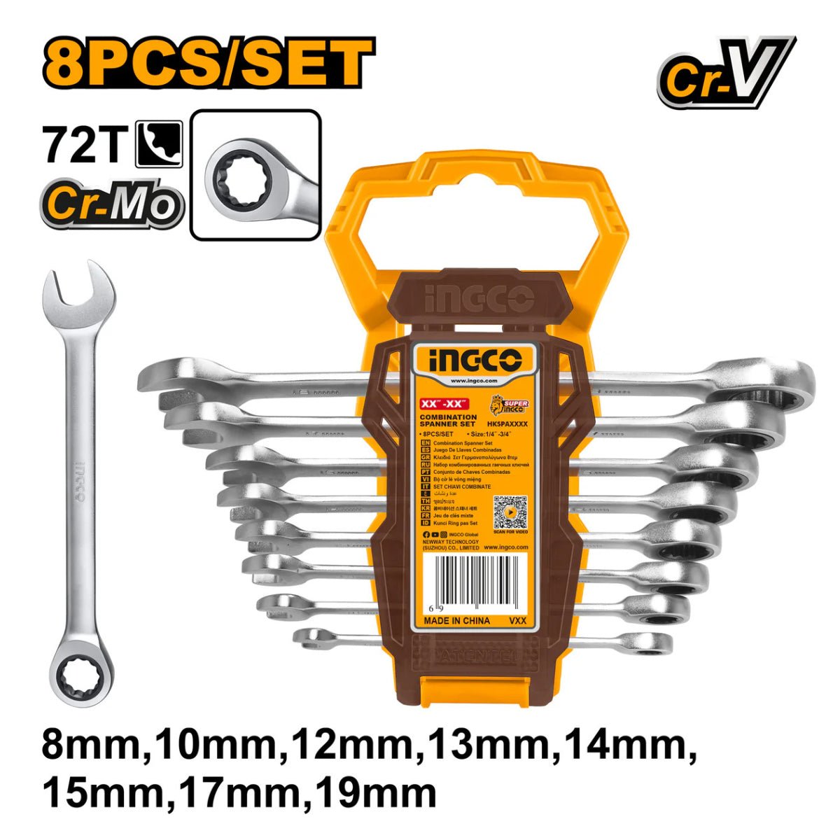 Jeu de 8 clés à cliquet industrielles 8 - 18 mm HKSPAR1082 - INGCO TUNISIE ® | Site officiel