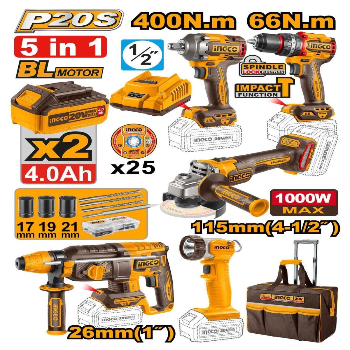 Kit 5 pièces sans fil INGCO – CKLI2059 | Solution complète pour tous vos travaux - INGCO TUNISIE ® | Site officiel