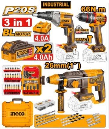 Kit combiné 3 pièces sans fil INGCO – COSLI250591 | Performance complète pour perçage et vissage - INGCO TUNISIE ® | Site officiel