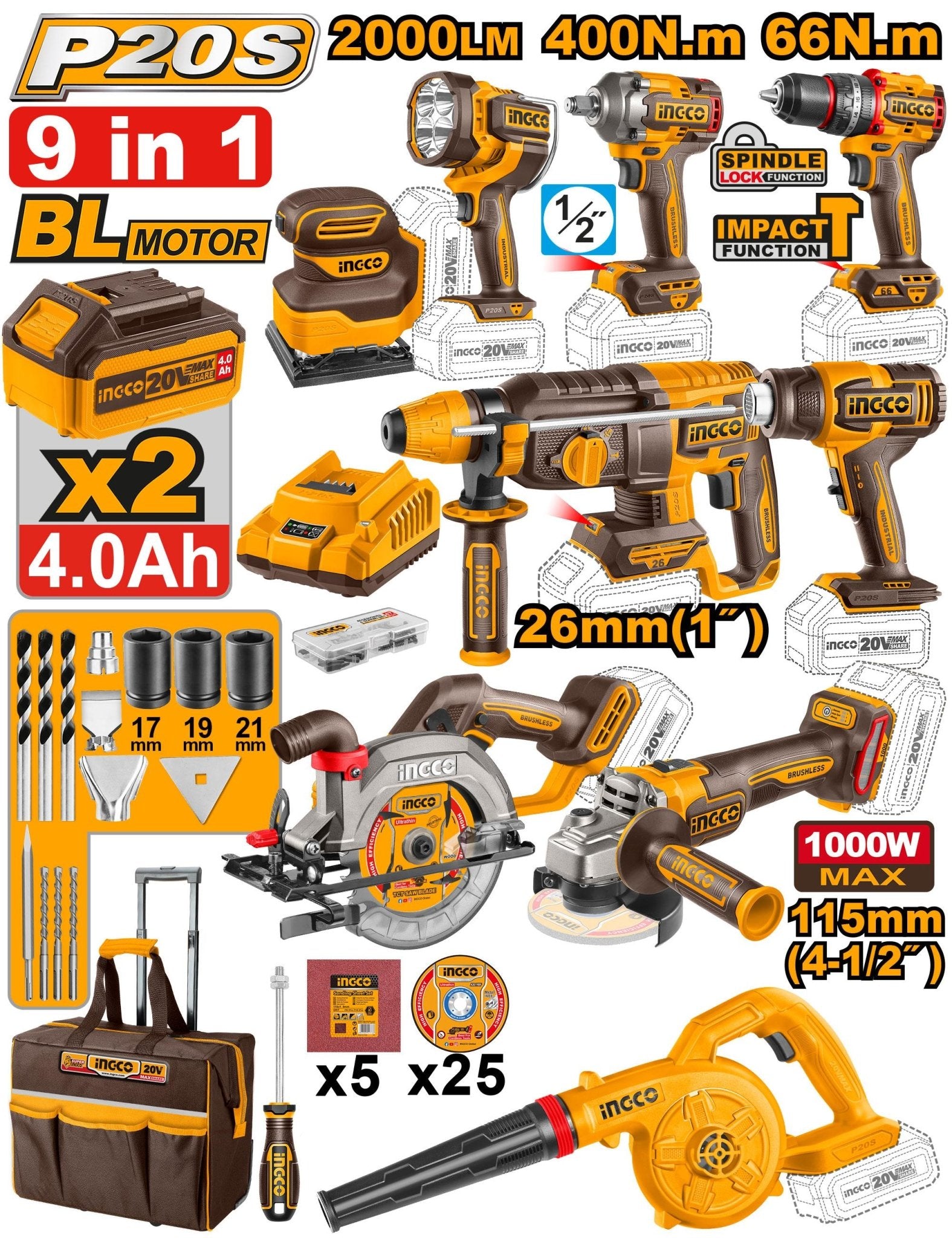 kit combiné industriel INGCO COSLI250381 (9 - en - 1) - INGCO TUNISIE ® | Site officiel