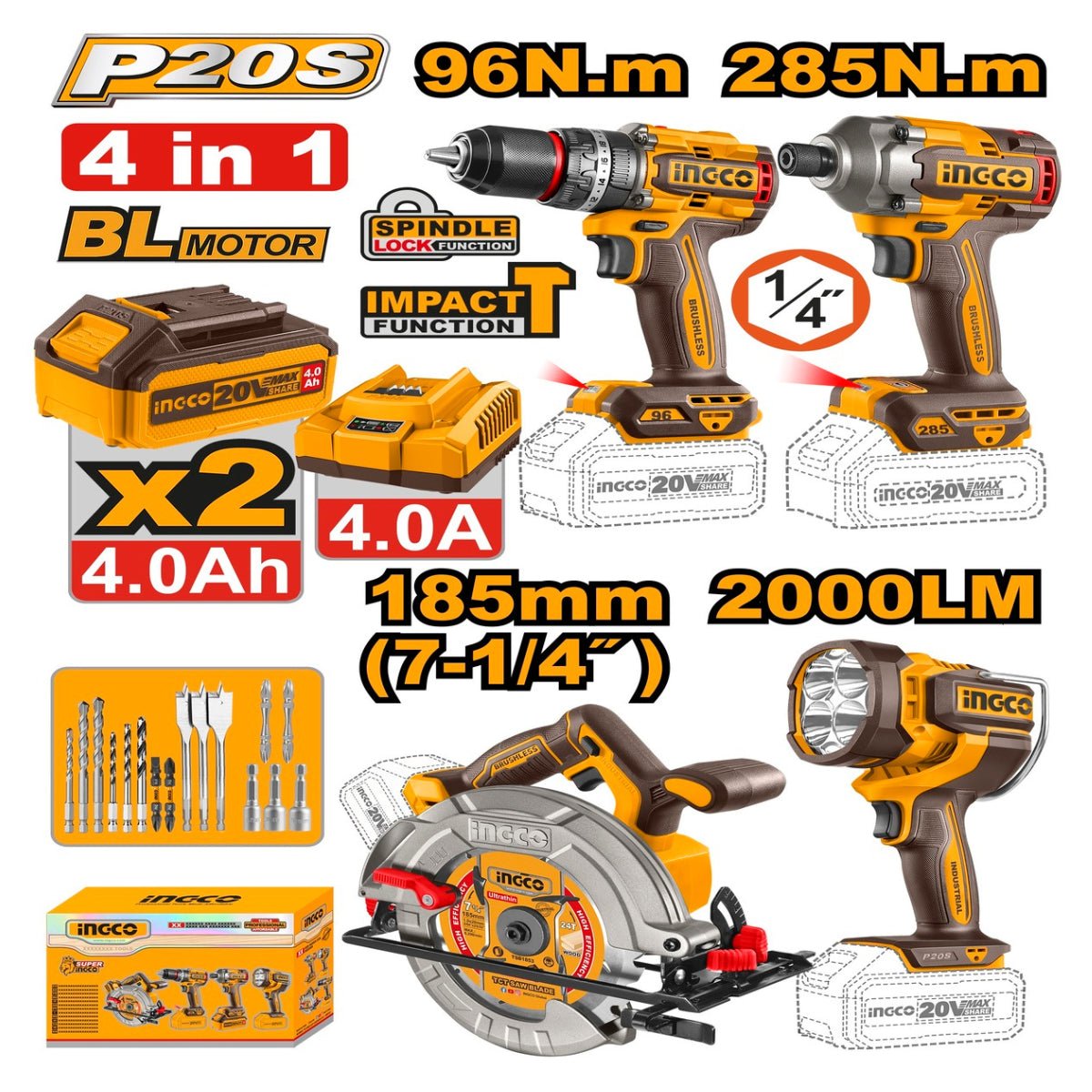 Kit combiné sans fil INGCO 4 pièces 20 V – COSLI241297 | Polyvalence professionnelle pour tous vos travaux - INGCO TUNISIE ® | Site officiel