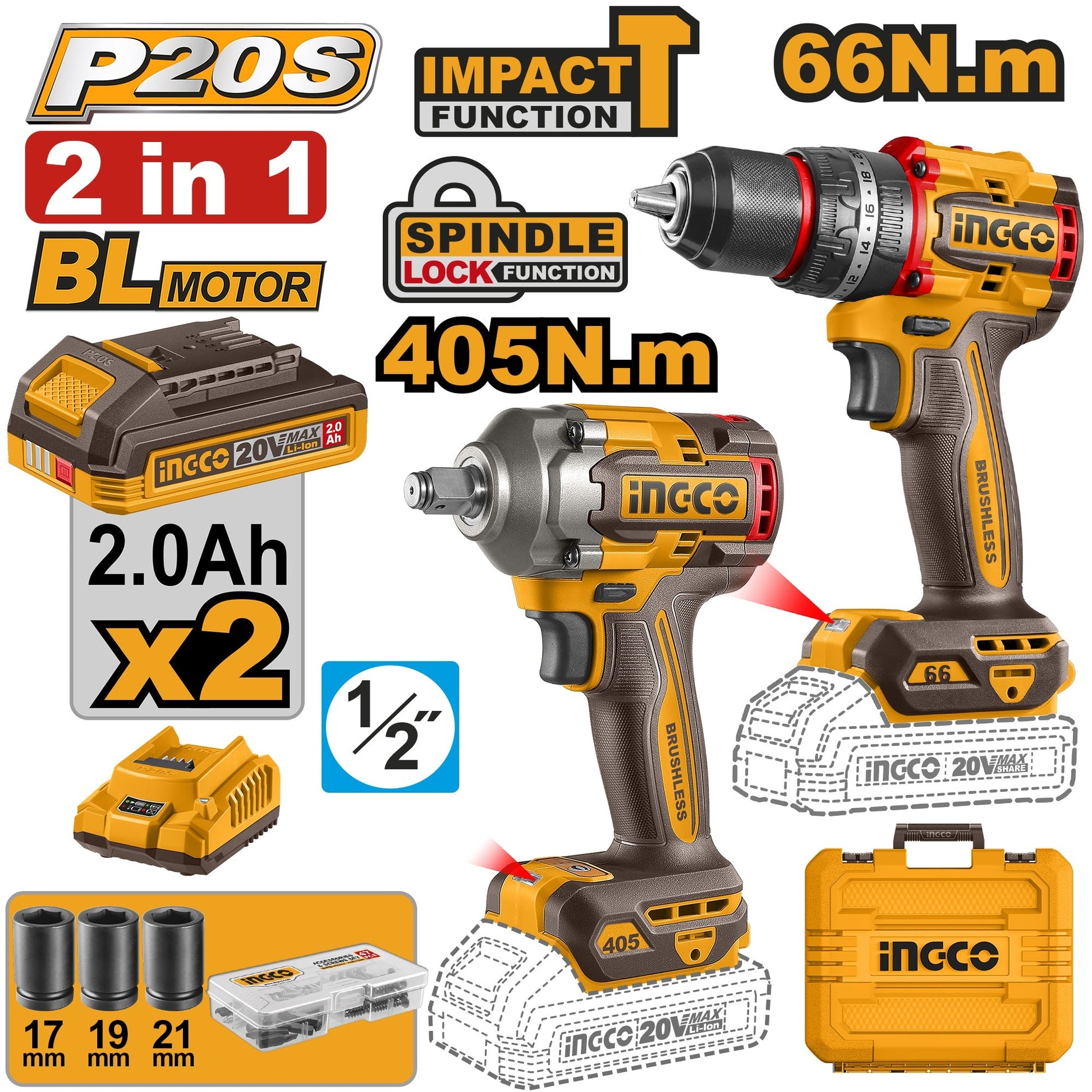 Kit Combo Sans Fil Brushless INGCO CKLI20286 – Perceuse à Percussion + Clé à Chocs 20V - INGCO SME TUNISIE
