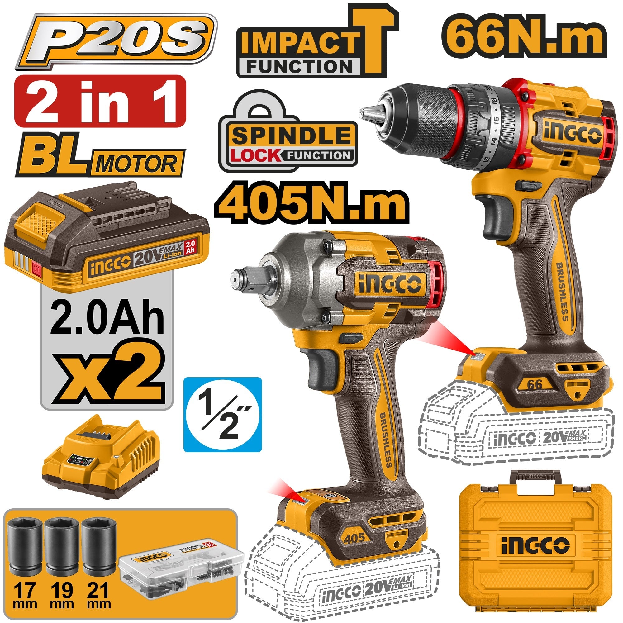 Kit Combo Sans Fil Brushless INGCO CKLI20286 – Perceuse à Percussion + Clé à Chocs 20V - INGCO SME TUNISIE