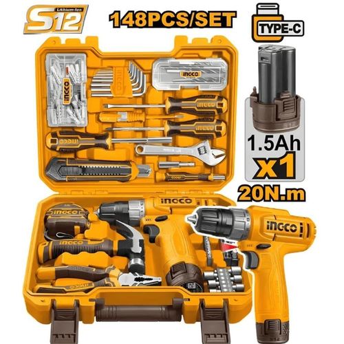 Kit d’outillage INGCO 148 pièces avec perceuse-visseuse 12V – HKTHP41482 - INGCO SME TUNISIE