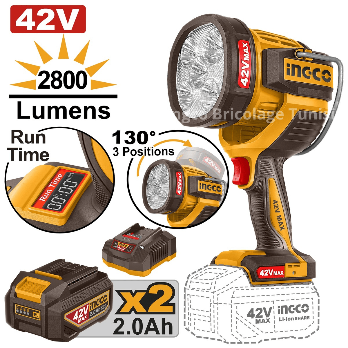 Lampe de travail sans fil INGCO CWLI42896 – 42 V - INGCO SME TUNISIE