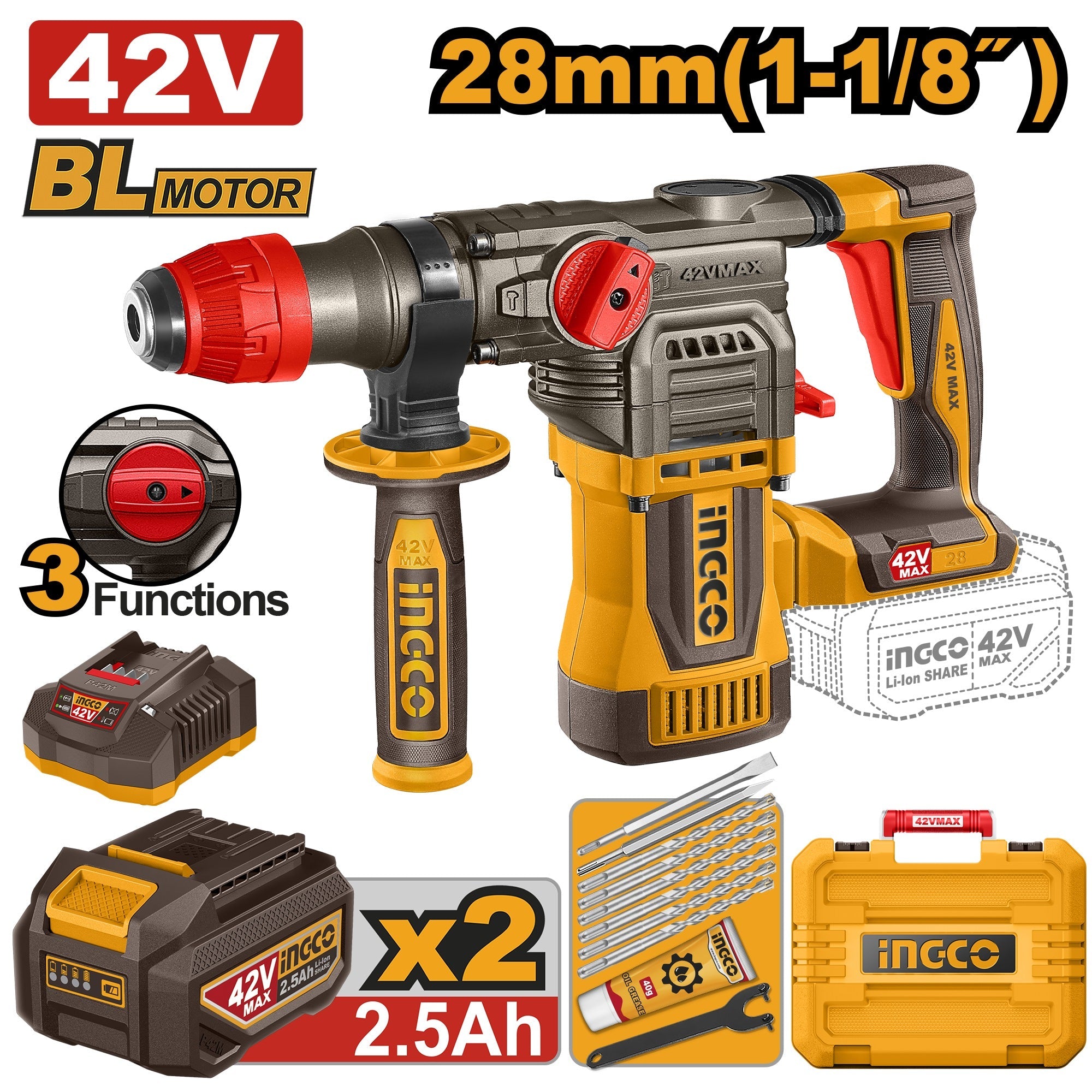 Marteau Perforateur INGCO 42V Brushless 28 mm CRHLI422882 - INGCO SME TUNISIE