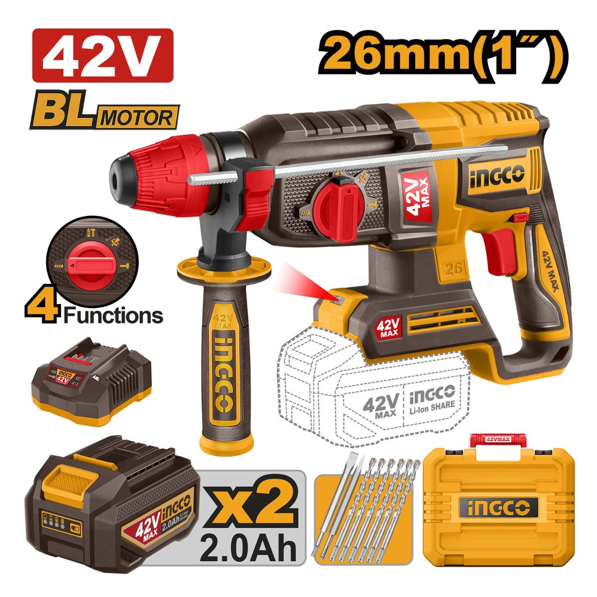 Marteau Perforateur Sans Fil 26 Mm 42 V CRHLI Pro Kit - INGCO TUNISIE ® | Site officiel