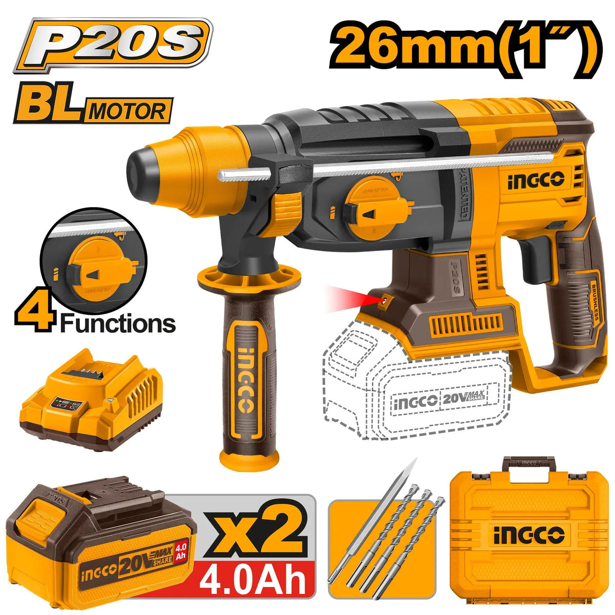 Marteau perforateur sans fil INGCO CRHLI202482 – 20 V, 24 mm - INGCO Tunisie