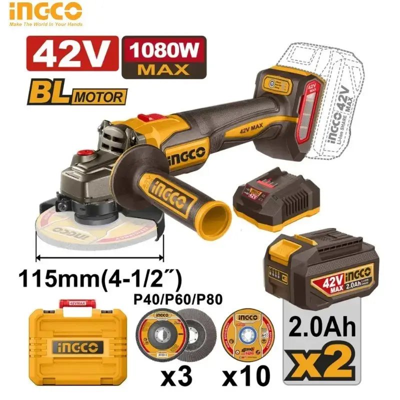Meuleuse Sans Fil INGCO 42V Brushless 115 mm – 2 Batteries 2.0Ah CAGLI4108112 - INGCO SME TUNISIE