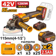 Meuleuse Sans Fil INGCO 42V Brushless 115 mm – 2 Batteries 2.5Ah CAGLI4128112 - INGCO SME TUNISIE