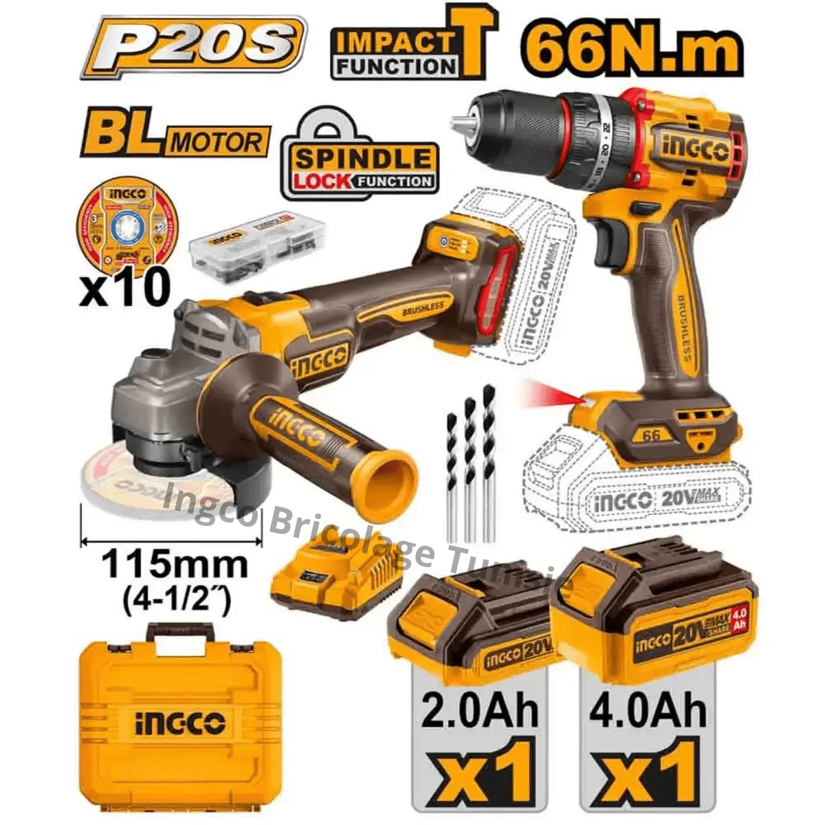 Pack visseuse + meule à disque 20 V brushless INGCO – CKLI20273 | Puissance sans fil pour coupe et perçage professionnels - INGCO SME TUNISIE
