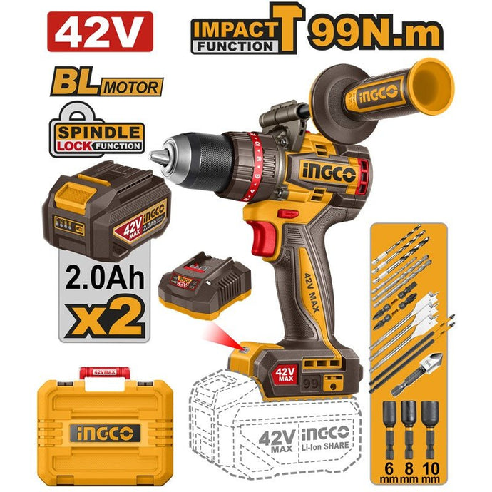 Perceuse à chocs INGCO 42 V – 99 Nm avec batteries 2.0 Ah – CIDLI42998 ...