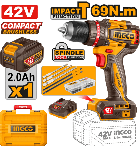 Perceuse à percussion sans fil compacte sans balais INGCO – CIDLI426981 | Puissance, précision et autonomie - INGCO TUNISIE ® | Site officiel