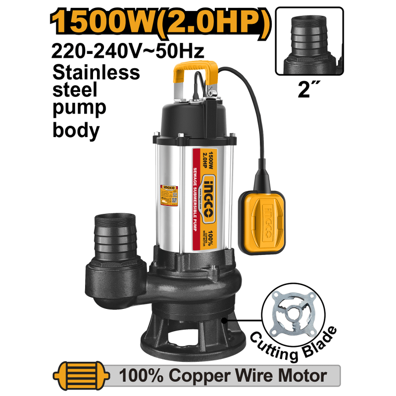 Pompe submersible avec broyeur INGCO SPDB150068 – 1500 W - INGCO SME TUNISIE
