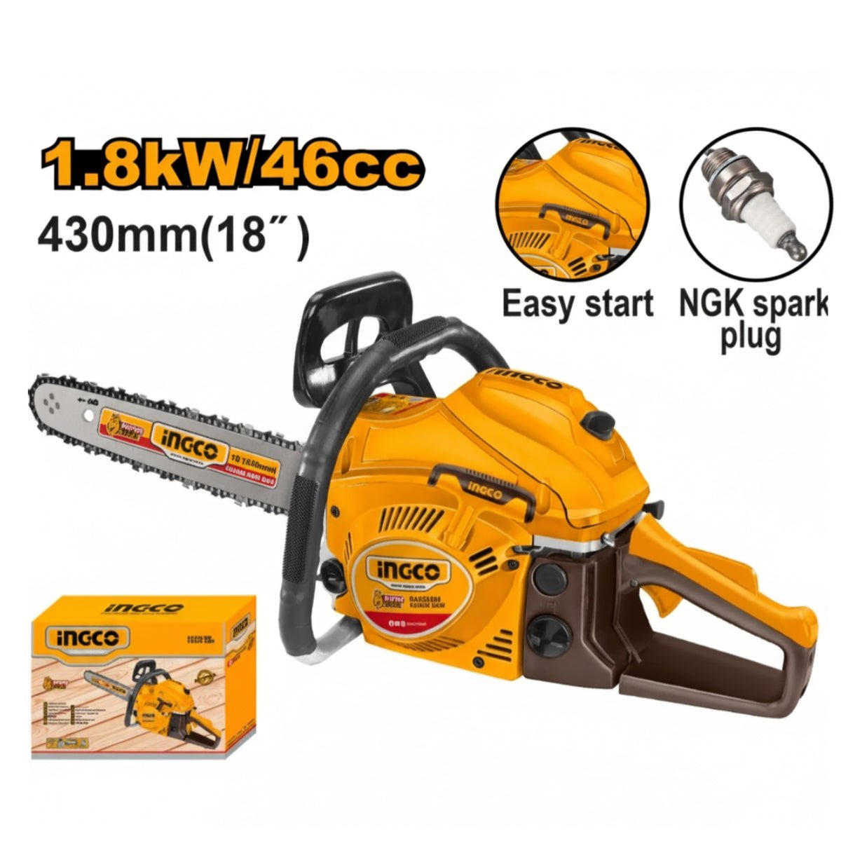 Tronçonneuse à essence INGCO 46 CC – 18" (GCS5451811) | Puissance et fiabilité pour travaux exigeants - INGCO TUNISIE ® | Site officiel